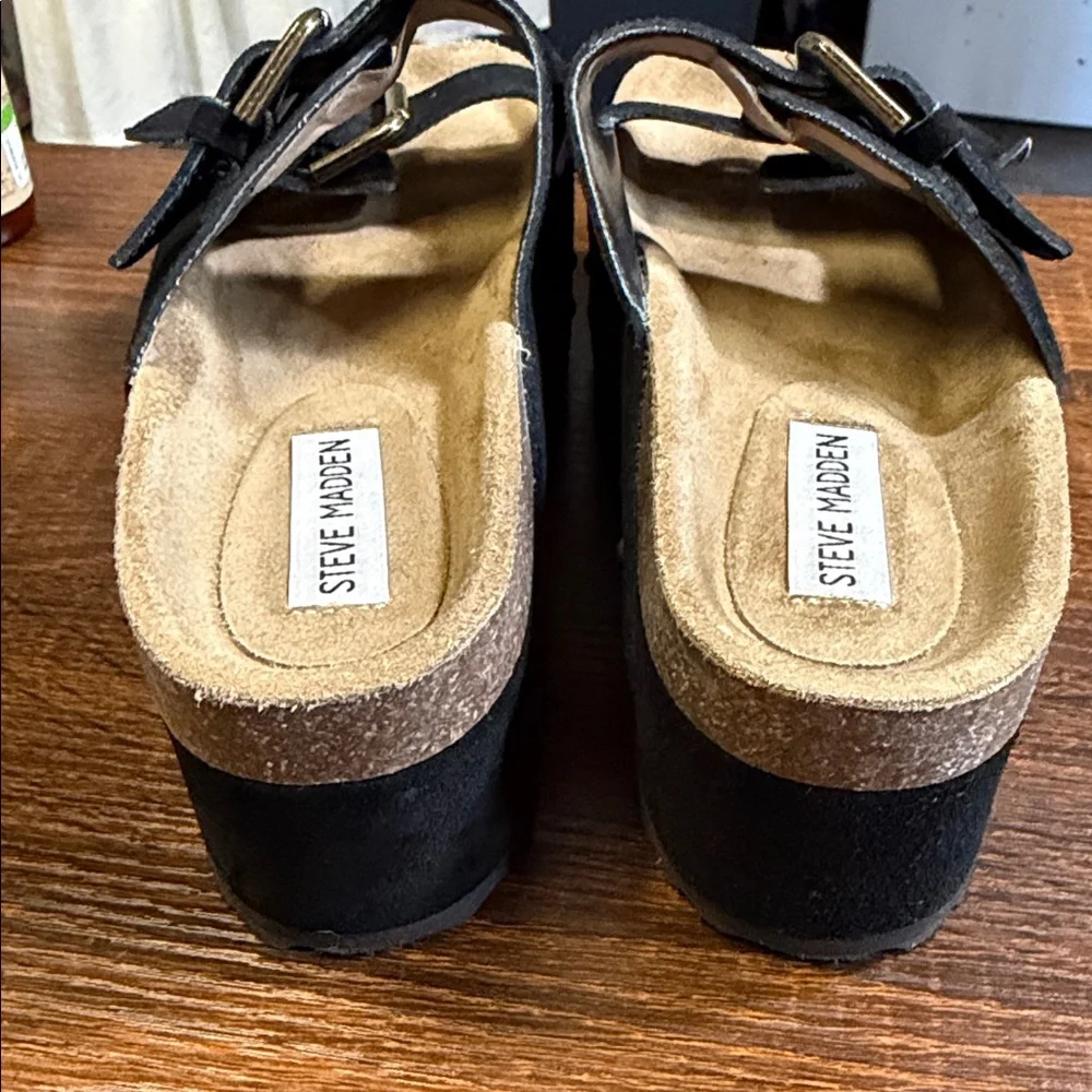 Steve Madden Black Suede Platform Sandals with Gold Studs